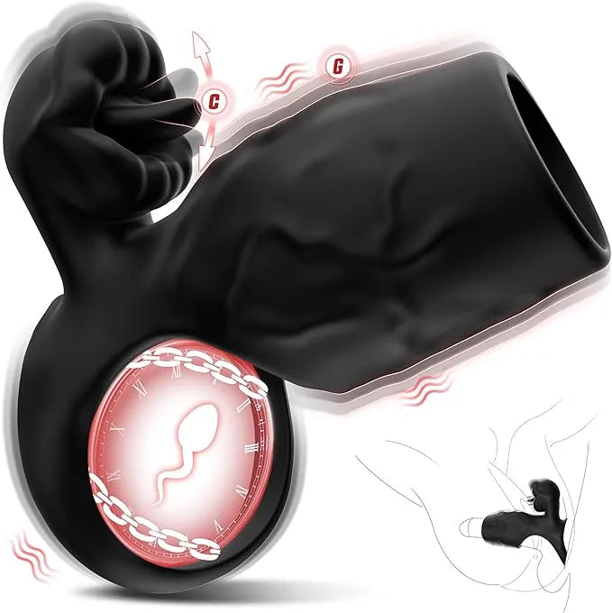 LETEN Black Beauty — Couples Vibrating Penis Sleeve with Clitoral Tongue Stimulation