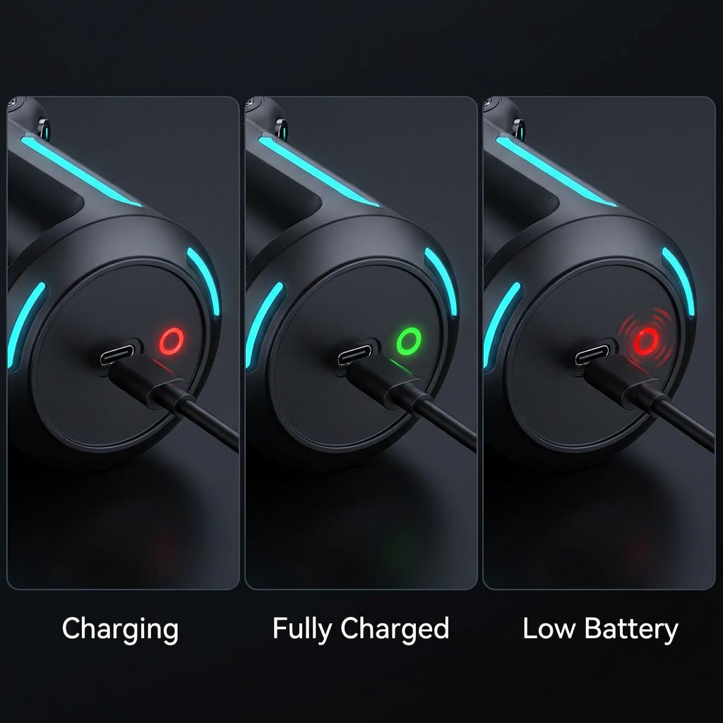 LED charging indicator status — Charging, Fully Charged, Low Battery