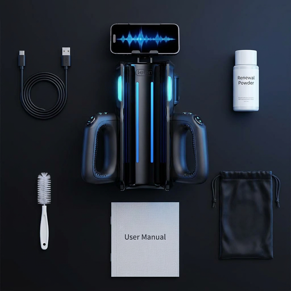 What's in the box — main device, USB-C cable, renewal powder, cleaning brush, storage pouch and user manual