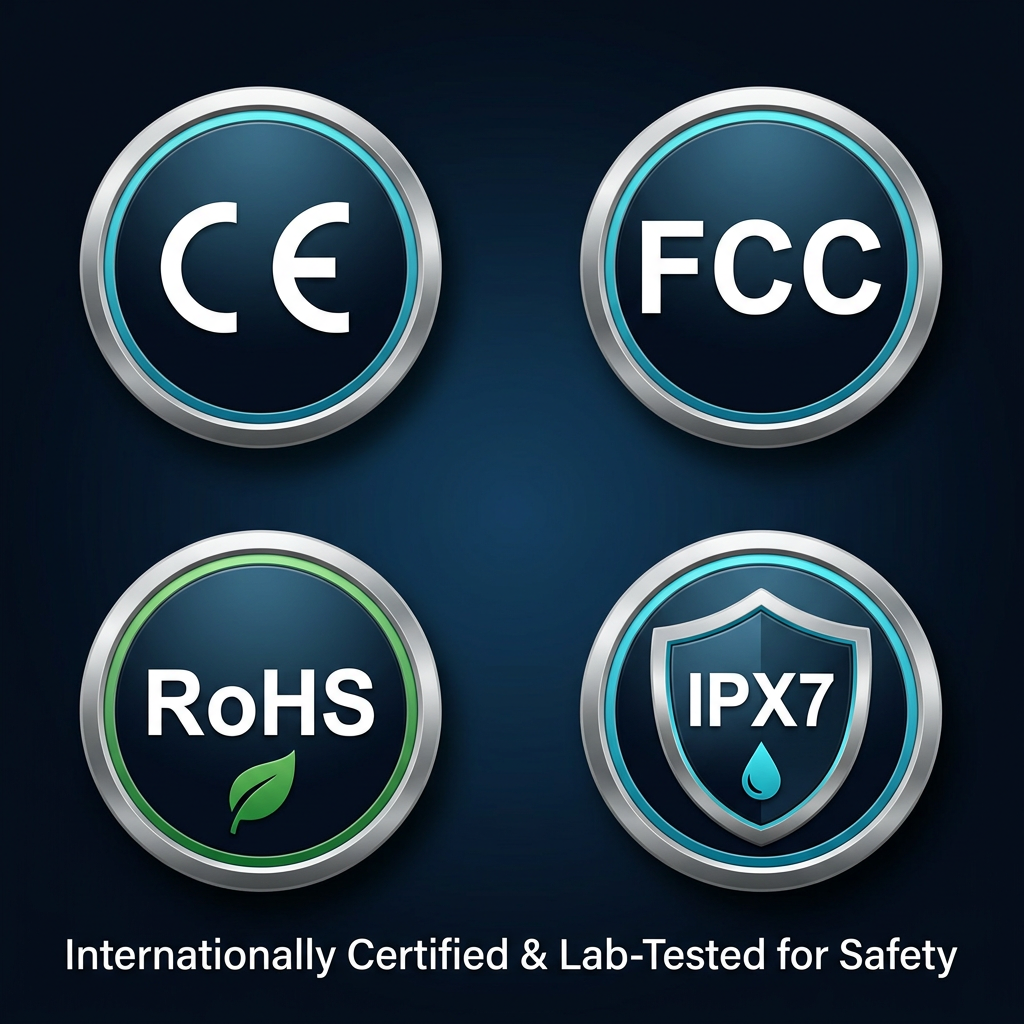 CE FCC RoHS IPX7 international safety certifications