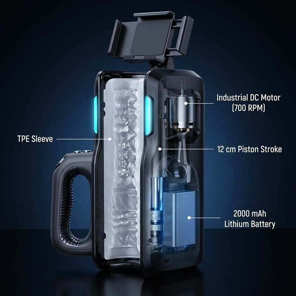 Cutaway view showing internal industrial DC motor, 12cm piston stroke and 2000mAh lithium battery