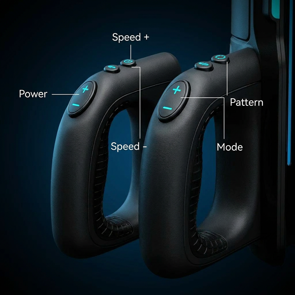 Dual-handle control buttons close-up — Power, Speed +/-, Mode and Pattern