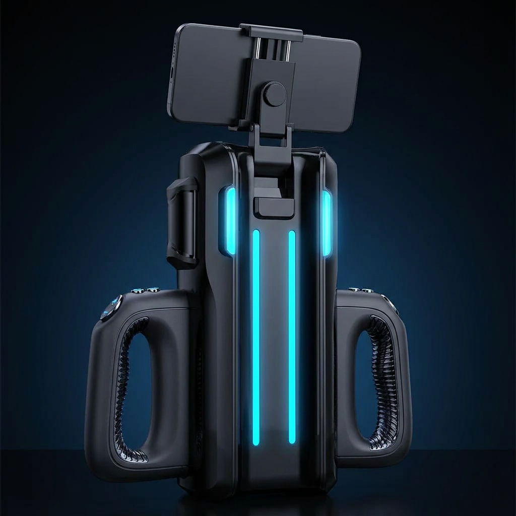 Built-in phone holder demonstration — hands-free immersive viewing setup
